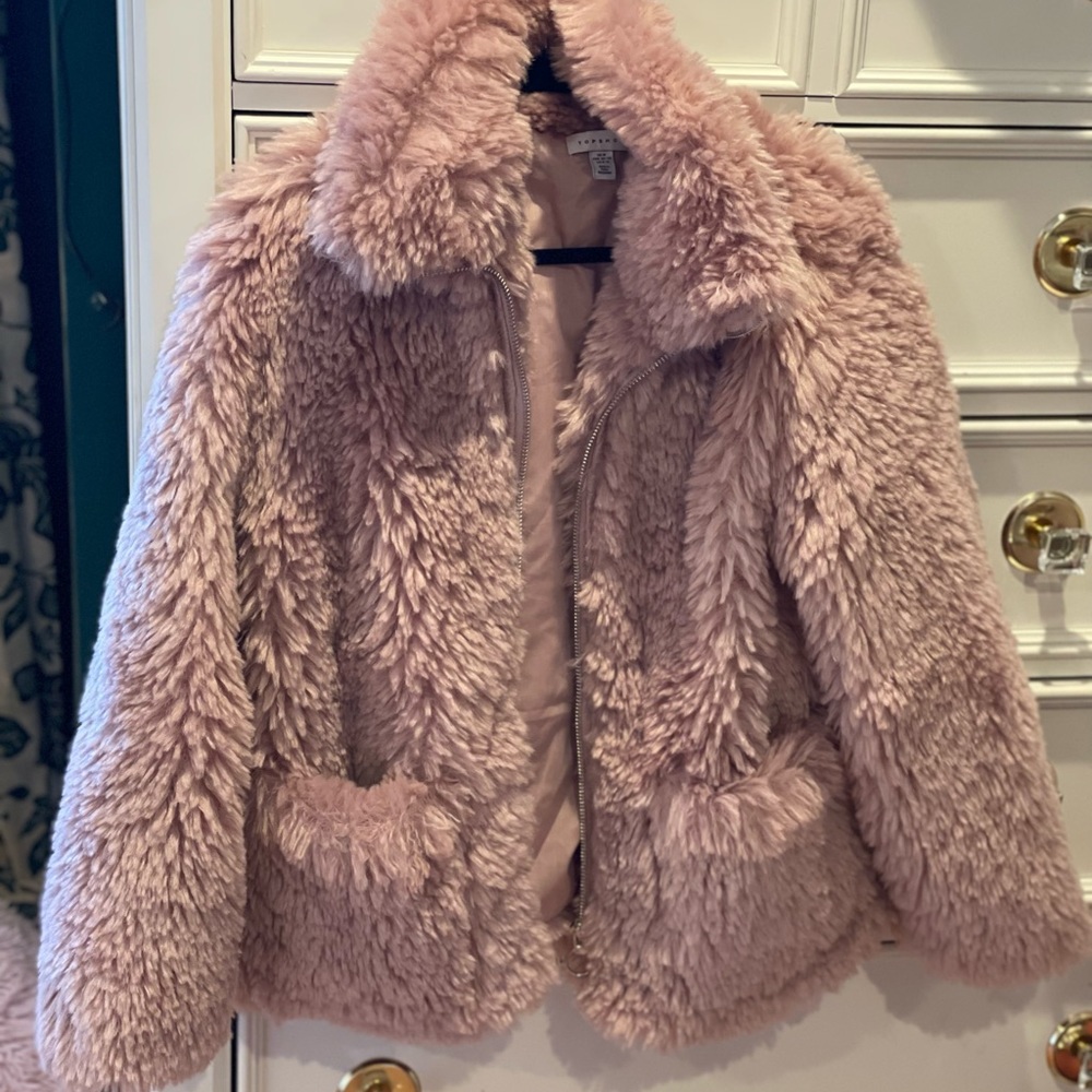 TOP SHOP pink shaggy faux fur teddy coat jacket so Medium M
